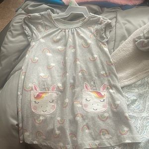 Gray short sleeved dress with rainbows and unicorns